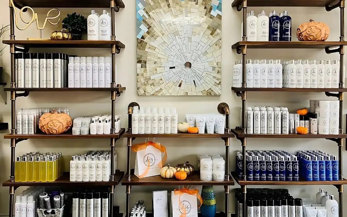 The D & S Styling retail wall stocked with the salon's own product line in Folsom, CA